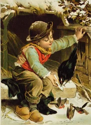 Jeune Garçon avec des Oiseaux dans la Neige
